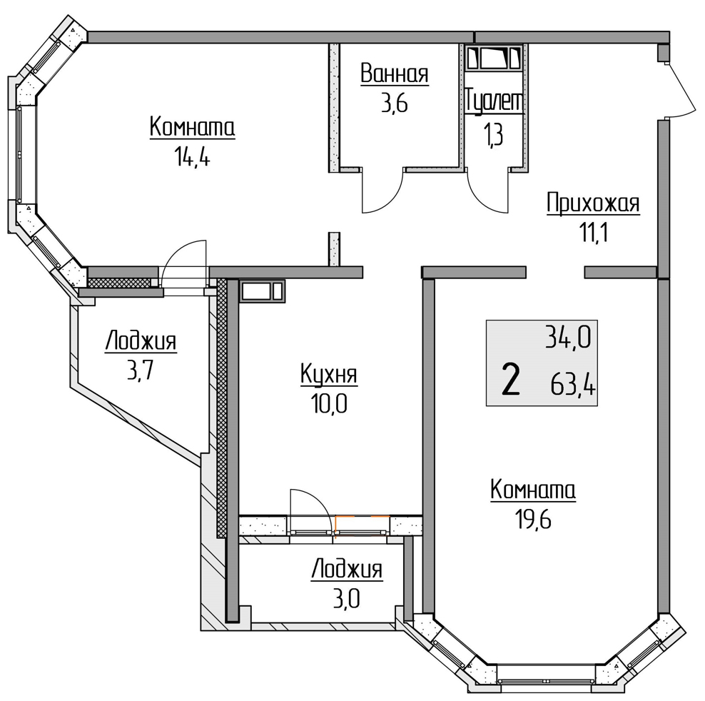 2-комнатная, 63.4 м², 17 этаж из 17, ЖК «Полёт» 2-комнатная, 63.4 м², 17 этаж из 17, ЖК «Полёт»