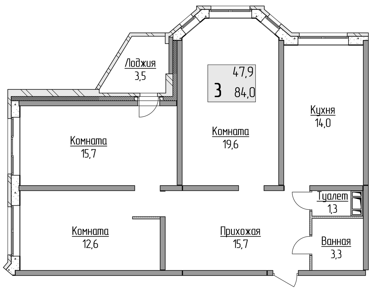 3-комнатная, 84 м2, ЖК «Полёт» 3-комнатная, 84 м2, ЖК «Полёт»