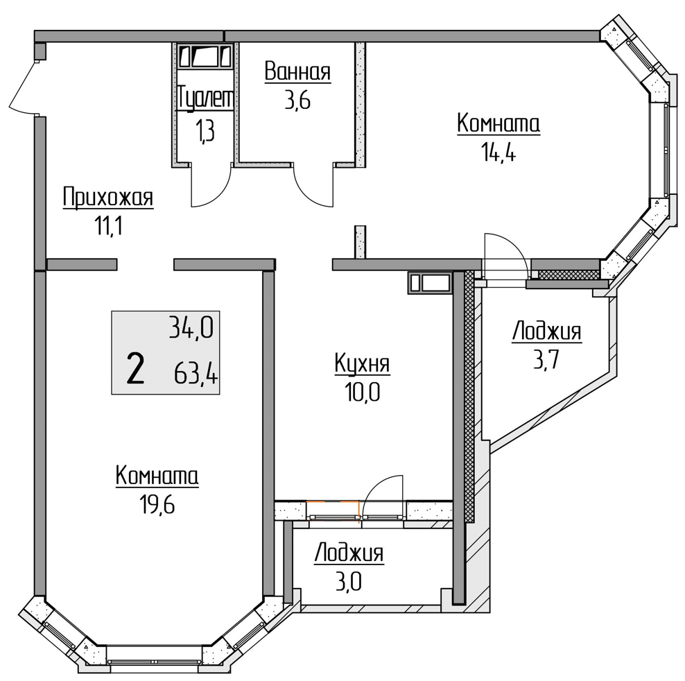 2-комнатная квартира, 63.4 кв.м, ЖК «Полёт» 2-комнатная квартира, 63.4 кв.м, ЖК «Полёт»