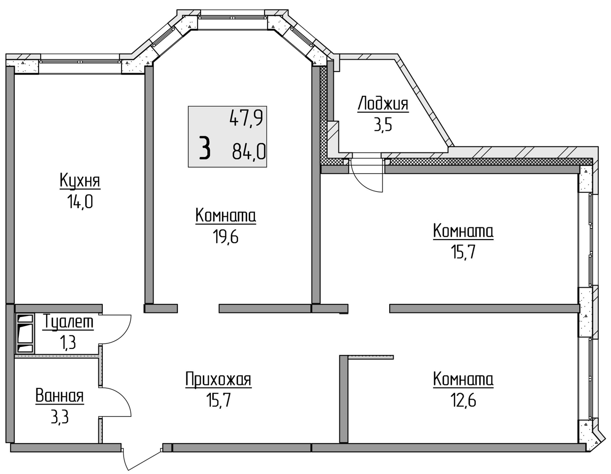 3-комнатная квартира, 84 кв.м, ЖК «Полёт» 3-комнатная квартира, 84 кв.м, ЖК «Полёт»